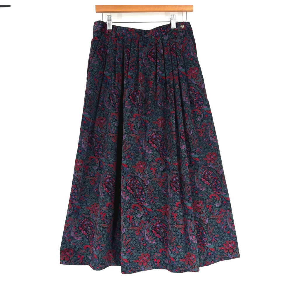 VTG 90s L L Bean Corduroy Paisley Midi Skirt Size 12 Cottagecore Pleated Prairie - Picture 2 of 10